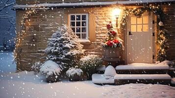 ai generato Natale nel il campagna, Villetta e giardino decorato per vacanze su un' nevoso inverno sera con neve e vacanza luci, inglese nazione messa in piega foto