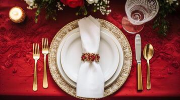 ai generato tavolo arredamento, vacanza tablescape e formale cena tavolo ambientazione per Natale, vacanze e evento celebrazione, inglese nazione decorazione e casa messa in piega foto