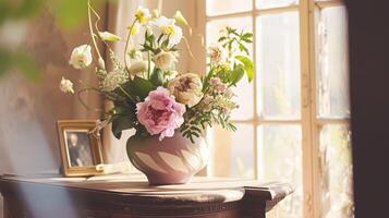 ai generato primavera fiori nel Vintage ▾ vaso, bellissimo floreale disposizione, casa arredamento, nozze e fioraio design foto