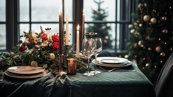 ai generato festivo Data notte tablescape idea, cena tavolo ambientazione per Due e Natale, nuovo anno, san valentino giorno arredamento, inglese nazione casa messa in piega foto