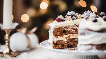 ai generato Natale torta, vacanza ricetta e casa cottura al forno, budino con cremoso glassatura per accogliente inverno vacanze tè nel il inglese nazione villetta, fatti in casa cibo e cucinando foto