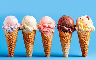 ai generato ghiaccio crema coni di cioccolato, vaniglia, strawberrie e mirtilli al di sopra di blu sfondo con vuoto spazio per testo. foto