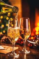 ai generato scintillante vino, proseco o Champagne nel davanti di un' camino su un' vacanza vigilia celebrazione, allegro Natale, contento nuovo anno e contento vacanze foto