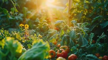 ai generato d'oro ora calchi un' caldo, invitante leggero su un' casa verdura giardino, valorizzare il lussureggiante verdura e produrre. ,giardinaggio concetto foto