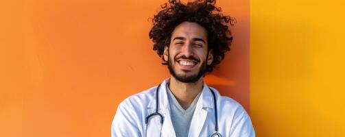 ai generato un' fiducioso medico, ornato nel un' bianca laboratorio cappotto con un' stetoscopio drappeggiato in giro il suo collo, sta con un' Sorridi contro un' colorato fondale foto