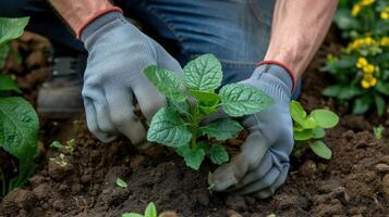 ai generato mani rivestito nel guanti nutrimento un' giovane pianta, incarnando il concetto di giardinaggio. foto