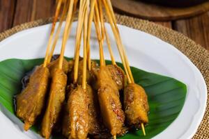 indulgere nel il bellezza di bellissimo satay, dove spiedini di marinato diletto siamo alla brace per d'oro perfezione, offerta un' sinfonia di gusto nel ogni mordere, un' culinario abilità artistica per assaporare foto