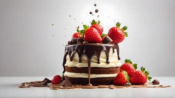 ai generato avvicinamento di delizioso cioccolato fragola torta isolato su bianca sfondo, compleanno, nozze, celebrazione, modello foto