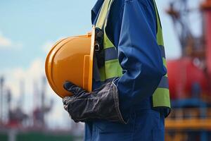 ai generato ingegnere detiene giallo sicurezza casco con sfocato olio petroliera sfondo foto