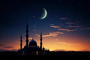 ai generato islamico simbolo moschee, mezzaluna Luna silhouette su buio blu cielo foto