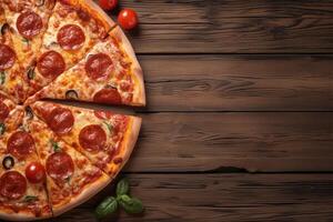 ai generato Visualizza superiore Visualizza di Pizza su di legno sfondo con copia spazio foto