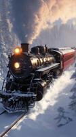 ai generato locomotiva fascino treno nel movimento nel un' bellissimo nevoso ambiente verticale mobile sfondo foto