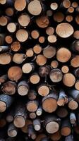 ai generato Immagine mucchio di legna registri, tronchi preparato per inverno calore verticale mobile sfondo foto