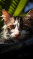 ai generato animale ritratto cattura un' giocoso gatto su un' senza fretta vacanza verticale mobile sfondo foto