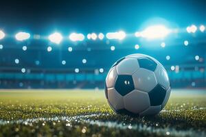 ai generato ore notturne gioco calcio palla su il verde erba sotto stadio luci foto