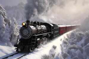 ai generato inverno rotaia viaggio vapore locomotiva nel un' pittoresco nevoso paesaggio foto