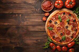 ai generato Pizza su di legno sfondo superiore Visualizza con ampio copia spazio foto