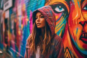 ai generato strada ritratto, in piedi nel davanti di un' vibrante, colorato murale nel un' multicolore incappucciato giacca, colorato strada arte foto