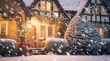 ai generato Natale nel il campagna maniero, inglese nazione Casa dimora decorato per vacanze su un' nevoso inverno sera con neve e vacanza luci, allegro Natale e contento vacanze foto
