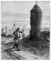 il giro de Francia un' piccolo parigino, menhir di Bretagna, Vintage ▾ incisione. foto