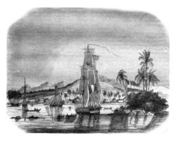 Visualizza di il baia di papeete e il isola di il Regina, Vintage ▾ incisione. foto