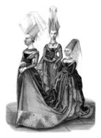 quindicesimo secolo, costumi nel il regno di charles vii, Principessa con sua le signore di onore, Vintage ▾ incisione. foto