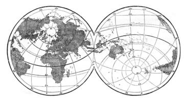 mondo carta geografica con prova il disuguale distribuzione di terra e acqua su il superficie di il globo, Vintage ▾ incisione. foto