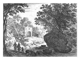 coppia e bambino a un' Mulino ad acqua, Willem furgone nieulandt ii, dopo Paolo brillante, 1594 - 1635 foto