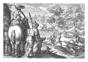 paesaggio con selvaggio cinghiale a caccia, egbert Jansz, dopo antonio tempesta, 1598 foto