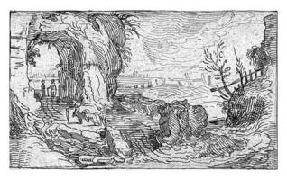 roccioso paesaggio con un' sentiero lungo un' cascata, anonimo, 1600 - 1699 foto