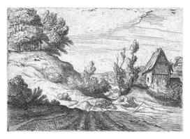 Casa Il prossimo per un' cima coperto di vegetazione con alberi, lodewijk de Vadder, 1615 - 1655 foto