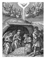 adorazione di il Cristo bambino di Maria e Due angeli, hieronymus Wierix, 1563 foto