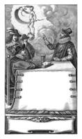 quattro uomini a tavolo con clessidra e nel il aria fortuna galleggia su globo. foto