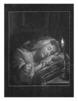 ragazza addormentato di lume di candela, pietro schenk io, dopo Godfried Scalcken, 1670 - 1713 foto