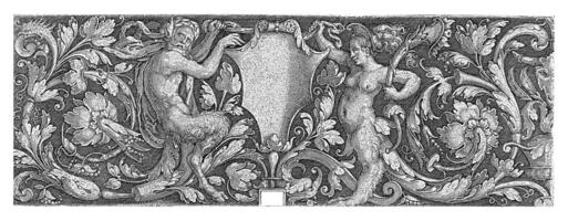 fregio con un' scudo logoro di un' maschio e un' femmina satiro, Giacobbe Binck, 1510 - 1569 foto