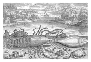 un' pesce e alcuni crostacei su il spiaggia, adriaen collaert, 1627 - 1636 foto