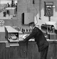 telegrafo stazione su tavola nave per senza fili telegrafia, Vintage ▾ incisione. foto