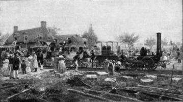 partenza di un' treno su il primo linea costruito di Stefano fra stockton e Darlington, Vintage ▾ incisione. foto