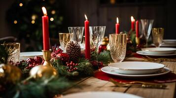 ai generato tavolo arredamento, vacanza tablescape e formale cena tavolo ambientazione per Natale, vacanze e evento celebrazione, inglese nazione decorazione e casa messa in piega foto