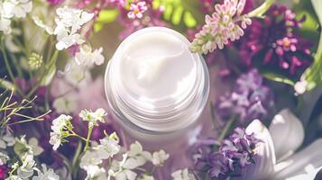 ai generato viso crema idratante come cura della pelle e cura del corpo Prodotto con fiori sfondo, terme e biologico bellezza cosmetici per naturale pelle cura routine foto