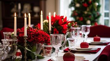 ai generato Natale tavolo arredamento, vacanza tablescape e cena tavolo ambientazione, formale evento decorazione per nuovo anno, famiglia celebrazione, inglese nazione e casa messa in piega foto