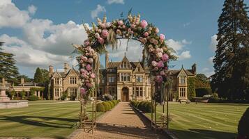 ai generato nozze decorazione con peonie, floreale arredamento e evento celebrazione, peonia fiori e nozze cerimonia nel il giardino, inglese nazione stile foto