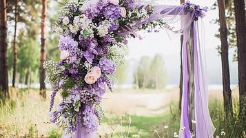 ai generato nozze arredamento con lavanda tema, floreale decorazione design e bellissimo arredamento ambientazione preparativi foto