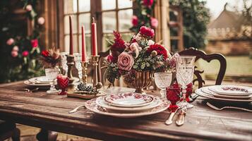 ai generato san valentino giorno tablescape e tavolo arredamento, romantico tavolo ambientazione con fiori, formale cena e Data, bellissimo posate e vasellame foto