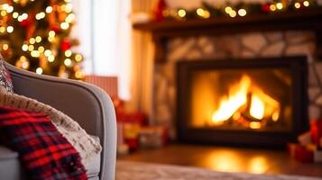 ai generato Natale arredamento, vacanza tempo e nazione Villetta stile, accogliente atmosfera, decorazioni nel il inglese campagna Casa con Natale albero e camino su sfondo, inverno vacanze foto