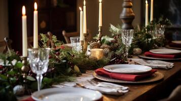 ai generato vacanza tavolo arredamento, Natale vacanze celebrazione, tablescape e cena tavolo ambientazione, inglese nazione decorazione e casa messa in piega foto