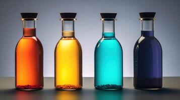 ai generato quattro vivace pozione bottiglie con colorato liquidi su bianca sfondo foto