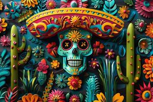 ai generato un' dettagliato illustrazione di un' messicano popolare arte pezzo, colorato e intricato, che rappresentano il ricco culturale eredità celebre durante cinco de maionese. foto