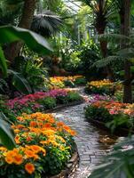 ai generato botanico giardino camminare, esotico fiori, tranquillo, calmo ambiance foto