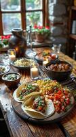 ai generato un intimo cinco de mayo cena ambientazione, un' rustico di legno tavolo ornato con messicano tessili, candele, e un' diffusione di fatti in casa tacos e enchiladas. foto